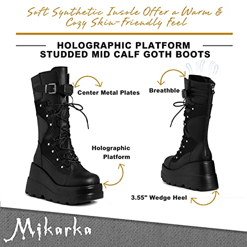 mikarka Womens Holographic Platform Mid Calf Combat Boots Lace Up Wedge Heel Studded Goth Knee High Boots3