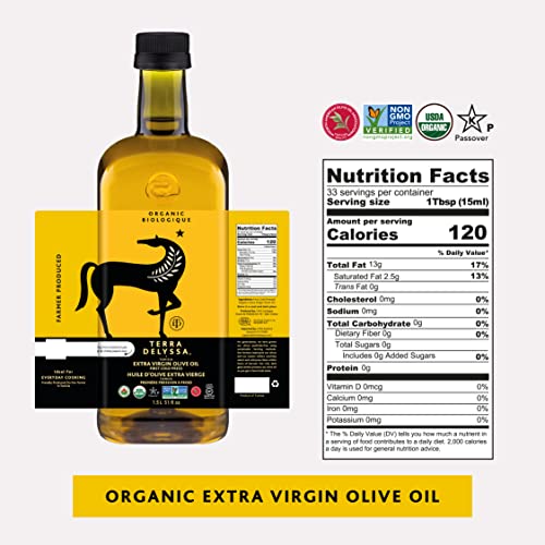 Terra Delyssa First Cold Pressed Organic Extra Virgin Olive Oil, Single Sourced, 1.5L Dark Plastic Bottle (51 fl. oz) - 1 Pack, Certified Kosher. Non-GMO, Naturally Rich in Antioxidants and Polyphenols - Thumbnail 2