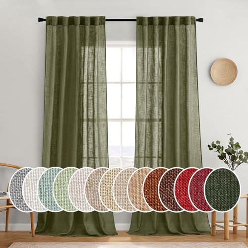 MIULEE Light Olive Green Linen Curtains 108 Inches Long 2 Panels for Bedroom Living Room, Soft Linen Textured Natural Window Drapes Semi Sheer Light Filtering Back Tab Rod Pocket Burlap Look Decor