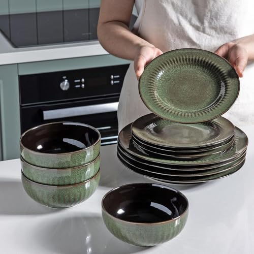 LeRatio Geschirrset für 6 Personen, 18-tlg Reaktive Glasur Steingut Geschirr Set, Keramik Kratzfestes- Schüssel- und Teller-Set, Spülmaschinen- und Mikrowellenfestes (Jadegrün, 18 Teile Set)