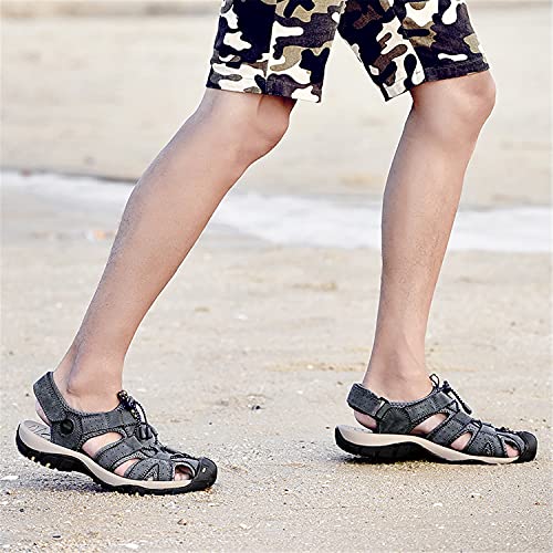 Joyvip Mens Hook-Loop Beach Shoes Leather Flat Roman Gladiator Sandal With Arch Support Blue 11 #TOP6