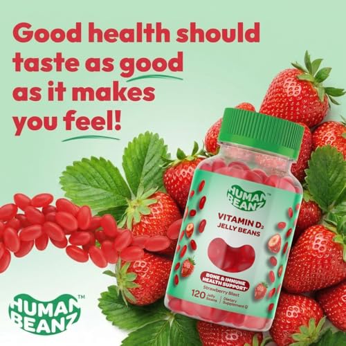 Image of Human Beanz Vitamin D3 Jelly Bean Gummies 2000 IU, Adults, 120 Strawberry | Immunity Support, Nutritional Vegetarian Supplement, Kosher Vitamins, Strawberry Blast Jelly Beans, Simple Daily Use