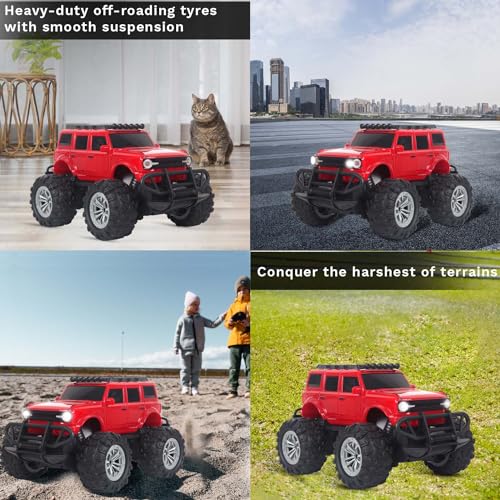 Popsugar Off Roader Rechargeable Remote Control Car | RC Car Monster Truck | 4 Headlight Modes | Lithium Battery | C-Type Charging | Remote Control Car for Kids | Made in India, Red - Image 5