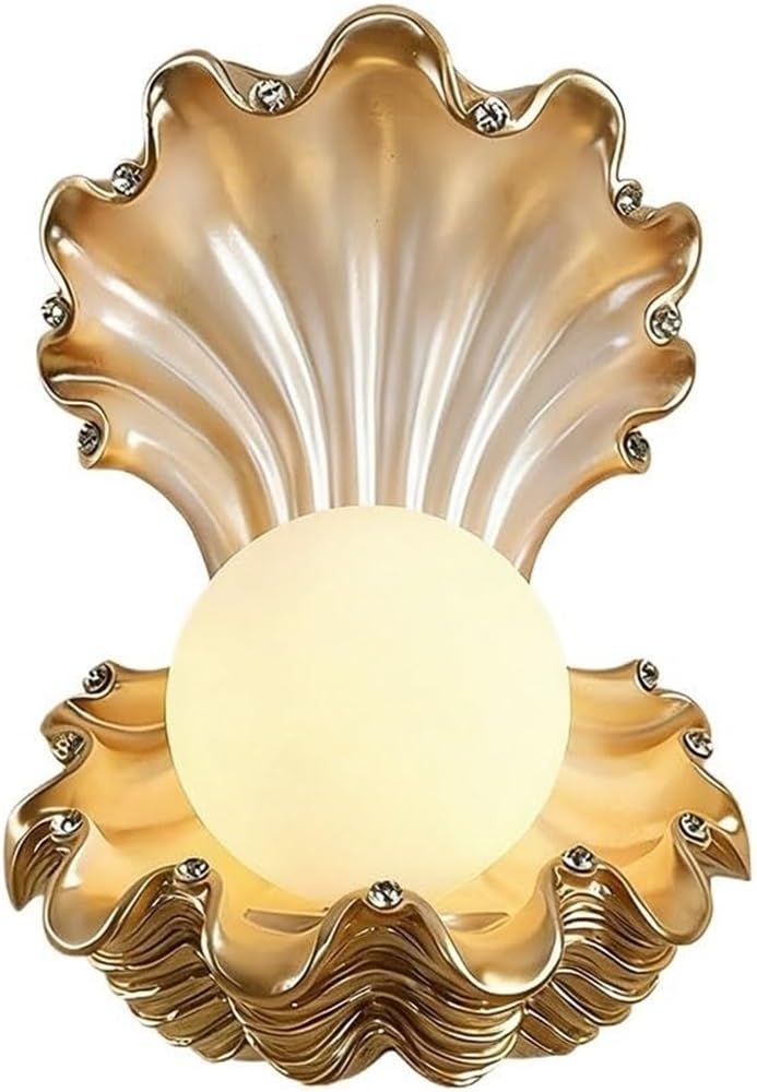 LYOUAE French Indoors Wall Sconce Creative Clam Shell Wall Light Princess Room Wall Mount Lamp with Acrylic Globe Shade for Bedroom Living Room Hallway(Gold)
