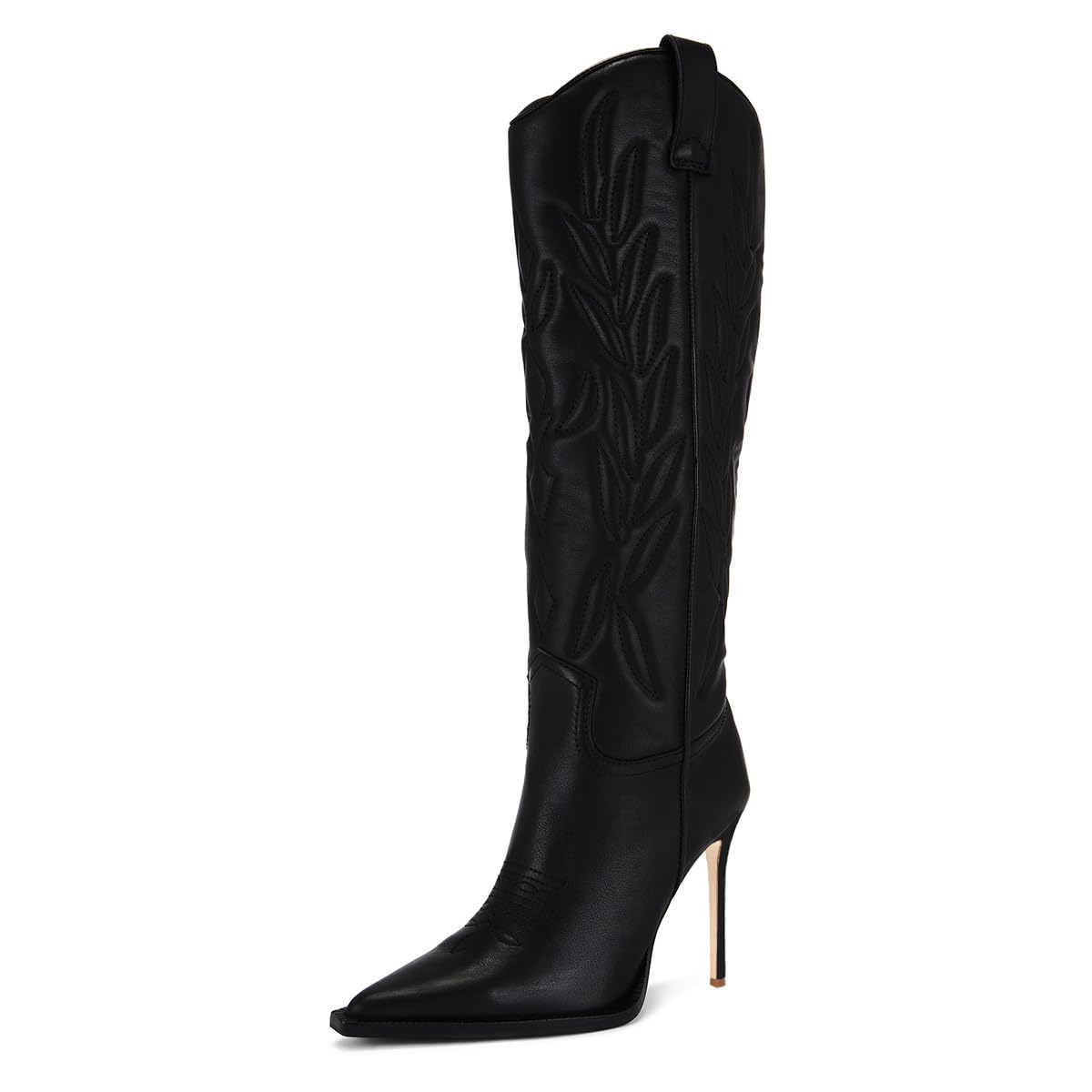 FOWT Women Pointed Toe Knee High Boots Embossing Stiletto High Heel Cowboy Boots Pull on Fashion Street Shoes