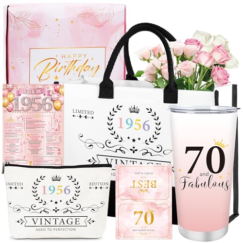 Sitsink 70th Birthday Gifts for Women, 1956 Vintage Limited Edition Gift Set for Women Turning 70, Includes Tote Bag, Makeup Bag, Tumbler & Card, Rose Gold Birthday Gift Box for Her