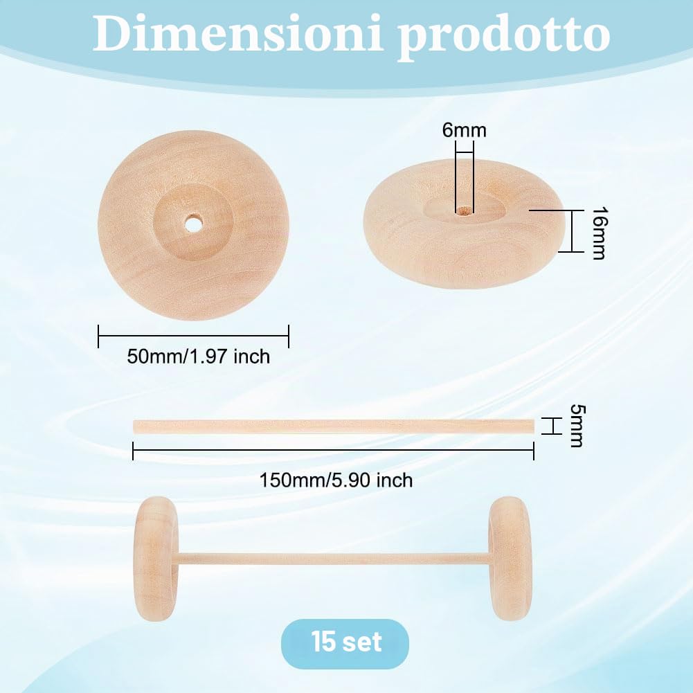 OLYCRAFT 30Pcs 50x16mm ruote artigianali in legno con 15Pcs 15cm/5.9 pollici bastoncini di legni Ruota di legno grandi Ruote di legni rotonde per artigianato fai da te auto modello