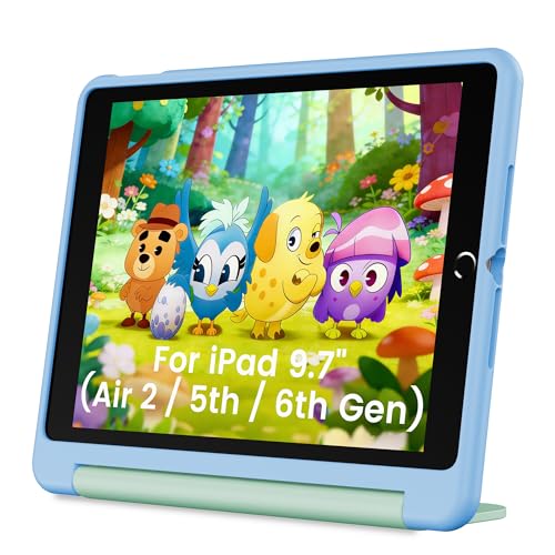 INFILAND Custodia per Bambini per iPad 6ª/5ª Gen (2018/2017), iPad Air 2 (9,7'), Cover Antiurto Morbida con Maniglia e Supporto, Protezione Resistente e Carina (Sky Blue-Mint)