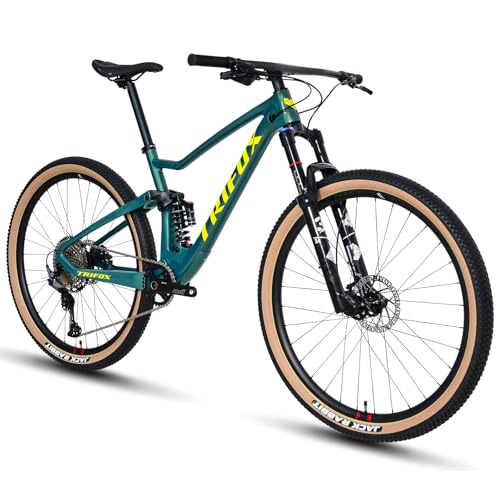 TRIFOX Carbon Full Suspension Mountain Bike with Shimano M6100 Deore Groupset 12-Speed, with Boost 29er Carbon Mountain Bike T800 Carbon Frame Carbon Integrated Bar, 140mm Travel Air Fork, Rear Shock