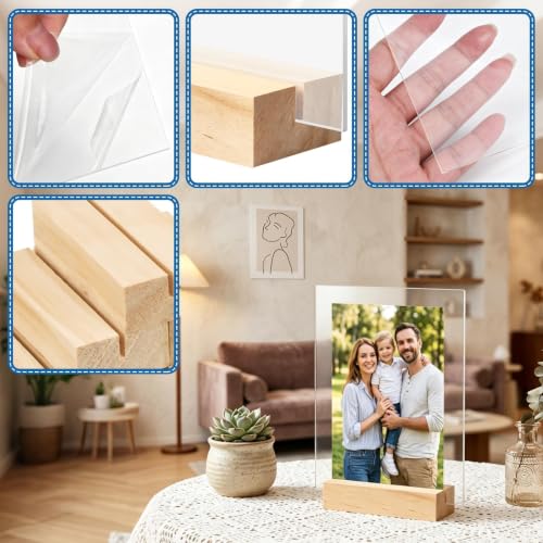 Image of Bercoor 5 Pack 5x7 Inch Blank Clear Acrylic Sign with Wooden Stands, Rectangle Top Acrylic Sheet, DIY Acrylic Rectangle Table Numbers for DIY Name Card Gifts Event Party Sign Decoration