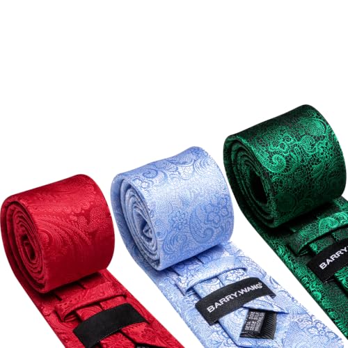 Image of Barry.Wang 6 PCS Men Ties Set Silk Business Fashion Woven Necktie Handkerchief Cufflinks Paisley Stripe Wedding Party
