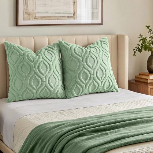 Image of decorUhome Fall Throw Pillow Covers 16x16 Inch Set of 2, Soft Plush Faux Wool Sage Green Solid Couch Pillow Covers, Accent Farmhouse Neutral Square Pillow Cases for Sofa Bed Living Room