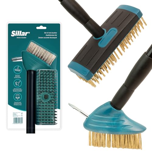 Sillar Unkrautbürste, Fugenbürste Set, Drahtbürste mit Teleskop-Stiel 80-140cm | Fugenkratzer und Schrubber Drahtbürste Unkrautbürste | Fugenreiniger Unkraut Entferner