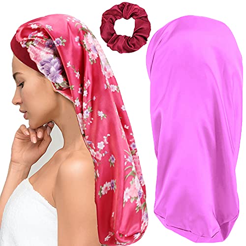 2Pcs Long Satin Bonnet Sleep Cap, Silky Sleeping Cap Big Bonnets for Women,Soft&Comfortable Elastic Band Bonnets for Long Hair, Braids, Dreadlocks, Curly Hair,Come with Hairband (Red Flower)
