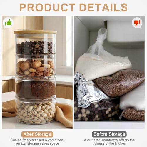 Image of DOITOOL Airtight Glass Storage Canister with Lids: 4-Tier Stackable Round Food Storage Container Kitchen and Pantry Organization Canisters for Cereal, Tea, Nuts, Fruit & Snacks - 4.3 inch x 4.3 inch x 8.6 inch