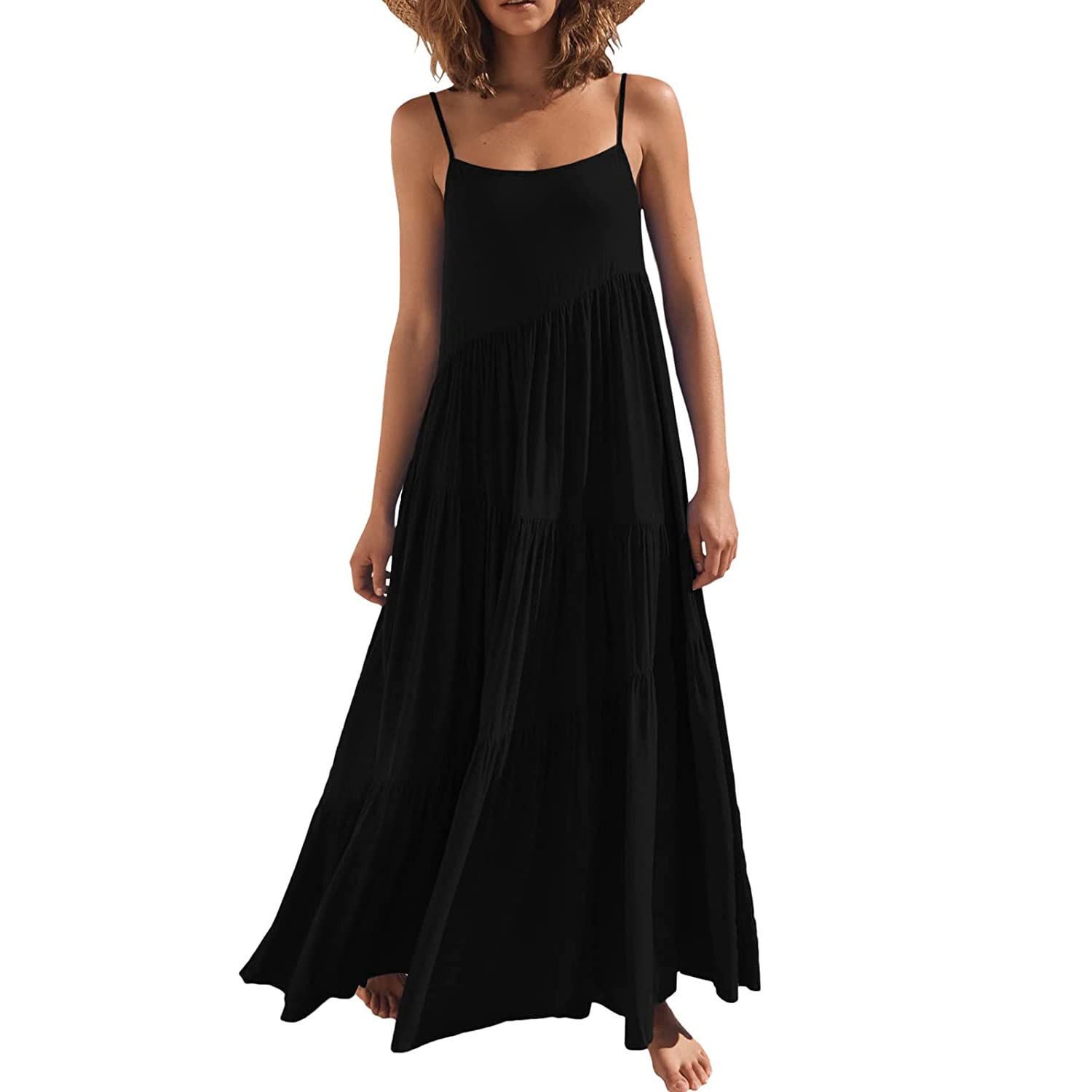 Vestido largo de verano para mujer, casual, holgado, sin mangas, con tirantes delgados, de lino, bohemio, para la playa, 2024