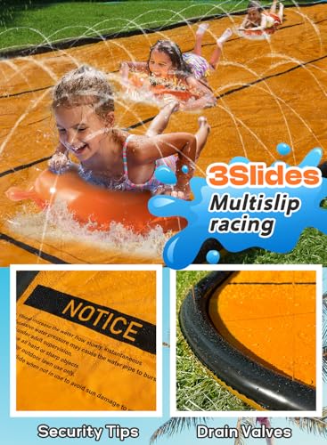 Slip and Water Slip，Slip Water Slide for Kids Backyard 17ft*3 Lane Orange,Summer Toys for Kids Outdoor with Sprinkler and 3 Bodyboards - Thumbnail 3
