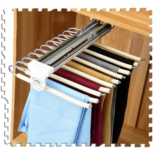 Heavy Duty Pull-Out Pants Rack - Sliding Closet Organizer for Trousers, Scarves, and Ties - Durable Steel Hangers - Beige Color - Space-Saving Storage Solution