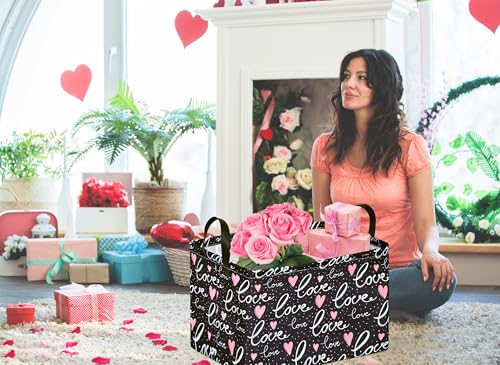 Image of Rectangle Gift Storage Basket Home Shelf Storage Basket Organizer Box Clothes Laundry Hamper Nursery Basket Laundry Basket with Handles (Black Love)