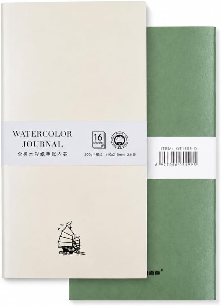 Watercolor Journal Refill, 100% Cotton Paper 2-Pack, 8.3 x 4.3 Inches, 24 Pages, 200 GSM Paper, Hand-Stitched Binding for Art Journaling and Sketching (Standard Size)