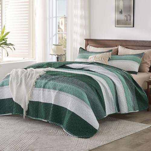 Image of Andency Emerald Green Quilt King(106x96Inch), 3 Pieces (1 Striped Quilt and 2 Pillowcases) Patchwork Striped Bedspread Coverlet Set, Soft Lightweight All Season Quilted Bedding Set
