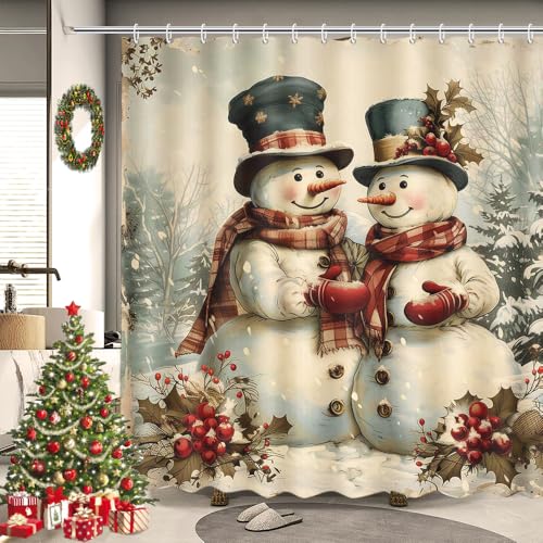 MEHOFOND Christmas Snowman Shower Curtain Vintage Winter Cute Snowman Bathroom Home Decor Red Scarf Winter Farmhouse Holiday New Year Shower Curtain Waterproof Fabric with 12 Hooks 72x72 Inch