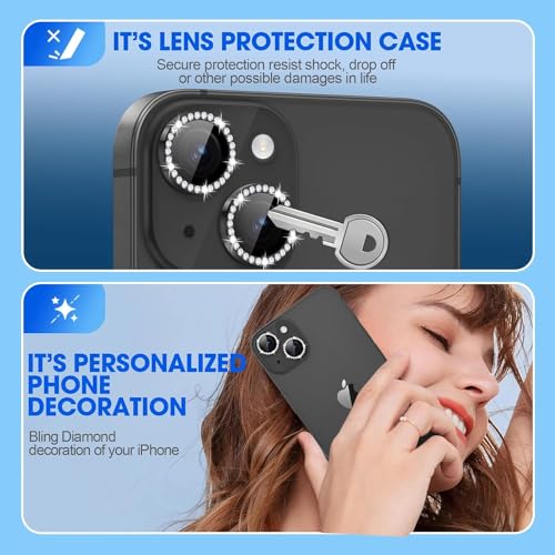 Image of Camera Lens Protector for iPhone 15 / iPhone 15 Plus - Alloy Metal Diamod Ring with Tempered Glass Protector - Case Friendly, Scratch Resistant, Easy Installation