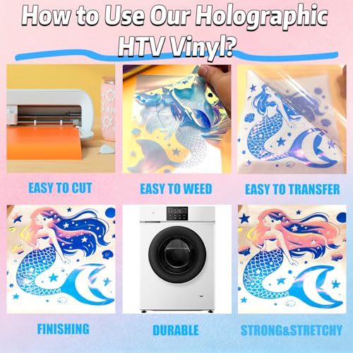 Image of Holographic Vinyl Rolls Holographic HTV Vinyl Rainbow Heat Transfer Vinyl 10 Inch x 6 Feet Iron on Vinyl for T-Shirts DIY Design, Silhouette Cameo & Heat Press Machine