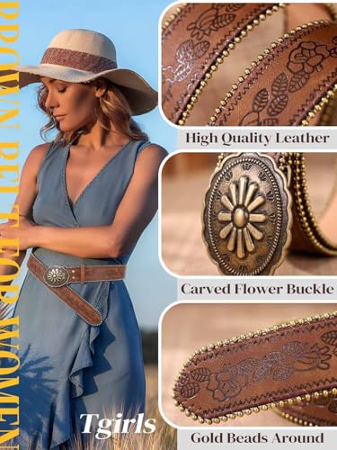 Tgirls Brown Western Belt for Women Cowboys Cowgirls Belt for Jeans Vintage Country Belts with Floral Embose Buckle3