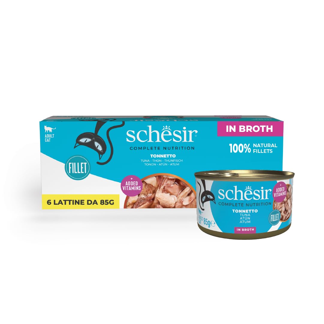 Schesir, Thunfisch in Brühe, komplettes Nassfutter für Katzen, in Dose, mit zusätzlichen Vitaminen, 100% natürlich, 6 x 85 g