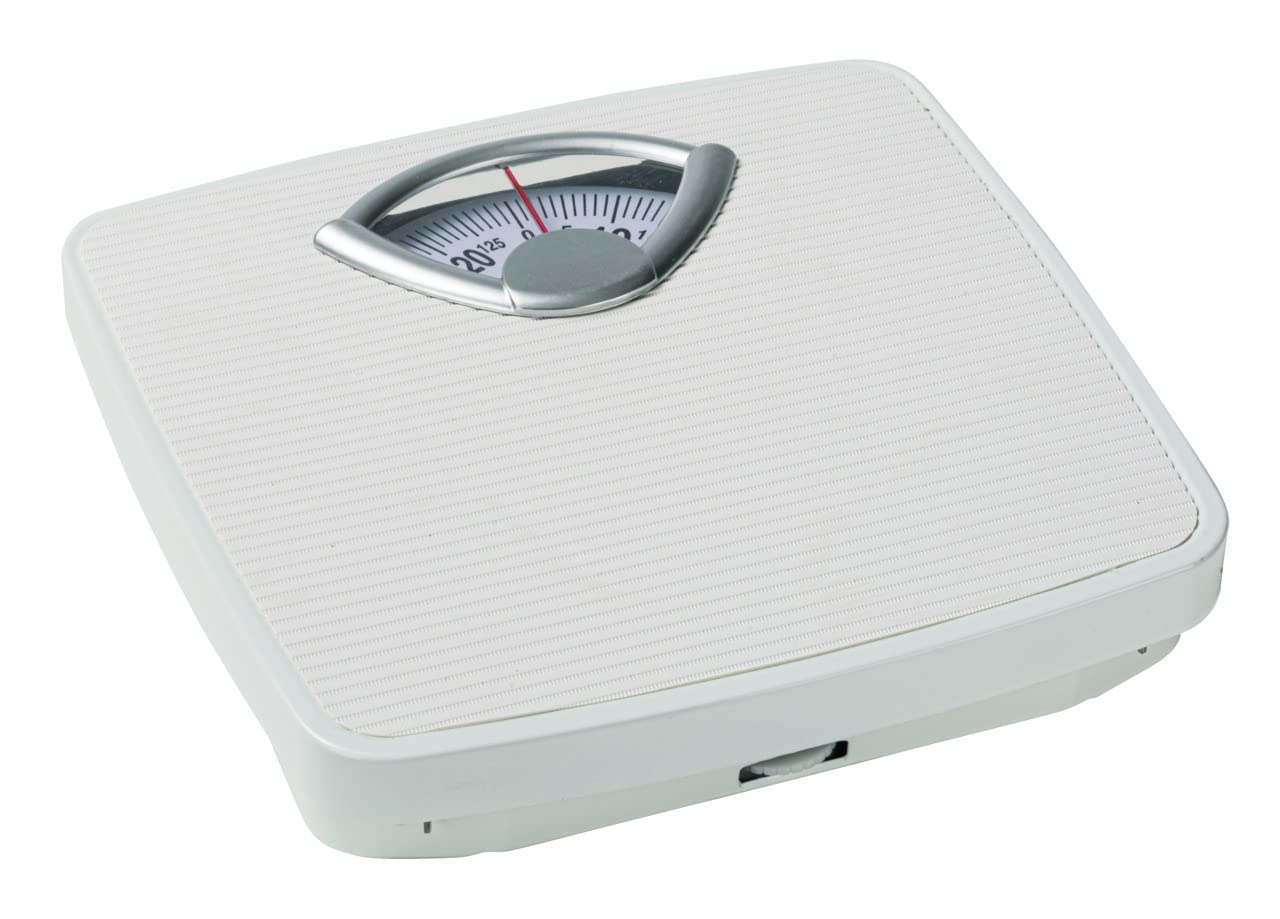 Bilancia meccanica, precisa e analogica WENKO con ampia scala e battistrada antiscivolo, campo di misura fino a 130 kg con incrementi di 1 kg, alloggiamento in metallo bianco, 27 x 4,5 x 26,5 cm