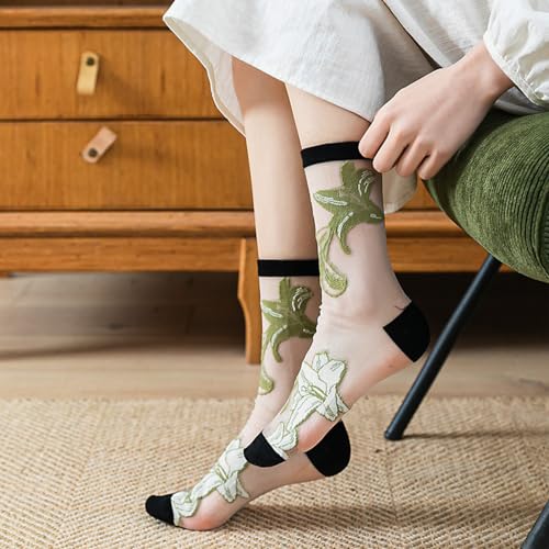 Image of DXYAKY Sheer Mesh Transparent Socks for Women Ultra-thin Lace Fishnet See Through Ankle Novelty Casual Floral Socks