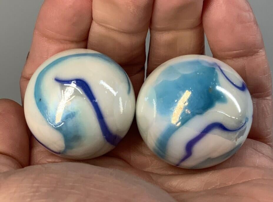 2 BOULDERS 35mm Tiger Shark Marbles White Glass Large Huge Swirl