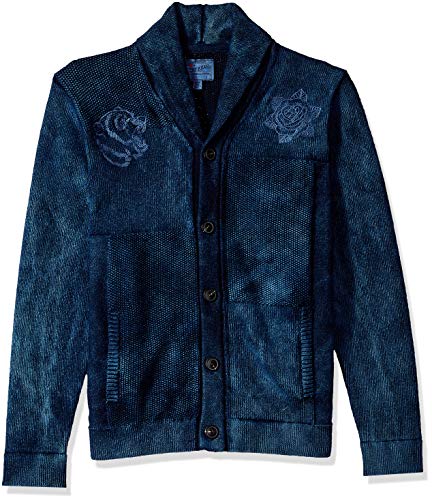 Lucky Brand Men's Embroidered Patchwork Indigo Shawl Sweater, XL