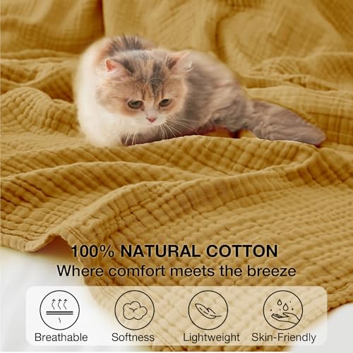 Image of 100% Cotton Muslin Blanket Large 50 inchx 70 inch, 6 Layers Breathable and Lightweight Cotton Throw Blankets for Couch, Soft Cooling Summer Gauze Blanket for Adults All Season, Mustard