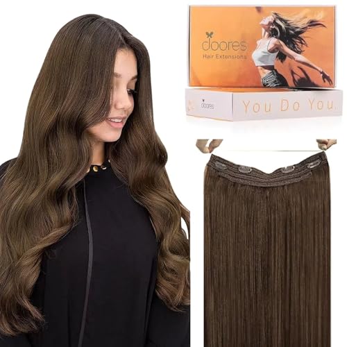 Image of DOORES Wire Hair Extensions Chocolate Brown 18 Inch 95 g Remy Human Wire Hair Extensions Invisible Transparent Line Adjustable Hairpieces Secret Straight