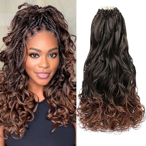 Leeven Boho French Curl Crochet Braids 14 Inch 8 Packs Ombre Brown Pre Looped Curly Crochet Hair Goddess Box Braids Loose Wave Synthetic Hair Extensions for Women