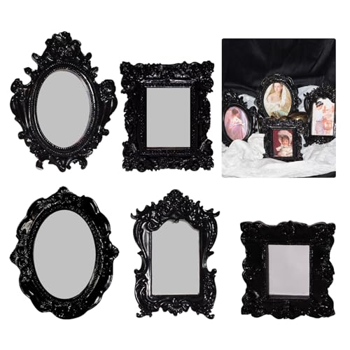 Lot de 5 cadres photo vintage en résine noire - Mini cadre photo ovale vintage carré - Cadre baroque pour dessus de table - Décoration d'intérieur et de mariage