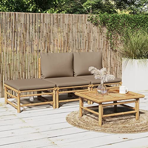 Blukee Muebles de Jardín 4 Piezas, Sofa Jardin Exterior de Bambú, Muebles Jardin Exterior Resistentes a Rayos UV, Muebles de Terraza Bambú, Conjunto Jardín con Cojines Taupé