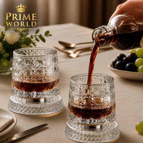Image of PrimeWorld Diamond Dancing Whiskey Glass Set of 2 Pcs with Rotable Bottom- Spining Glasses-375 ml Bar Glass for Drinking Bourbon, Whisky, Scotch, Cocktails, Cognac- Old Fashioned Tumblers