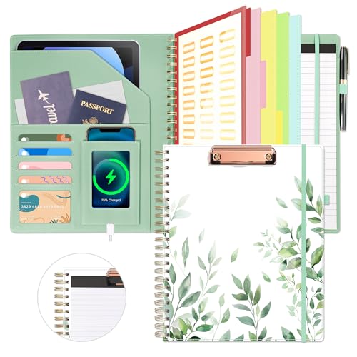 Image of Ospelelf Clipboard with Storage, Leather Padfolio Portfolio Organizer 5 Folders with 10 Pockets, Spiral Clipboard Folio with Notepad for Letter Size, Elastic Closure and Pen Loop Green Plants
