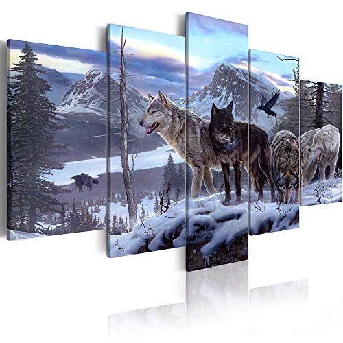 Arthome520 Blue Animal Wolf Pictures Wildlife Canvas Print Paintings Ready To Hang For Home Decor Wall Art Living Dining Room Artwork Modern Framed 5 Panel (12''X18''X2+12''X24''X2+12''X30''X1) #TOP19