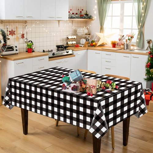Image of Hxezoc Buffalo Plaid Plastic Tablecloth, 54 x 108 Inch Black and White Checkered Disposable Winter Table Cover for Birthday Party Decorations Outdoor Indoor Party Supplies
