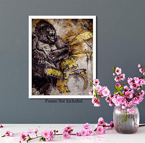 Gorilla Playing The Drums On A Multi-Colored Background - 8X10 Unframed Wall Decor Art Print - Great Decoration For Any Area Of The Home Or A Unique Gift For Those Who Appreciate Grungy Art #TOP2
