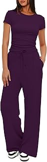 Women's 2 Piece Set Outfits Lounge Sets Ruched Short Sleeve Tops High Waisted Wide Leg Pants Tracksuit Sets