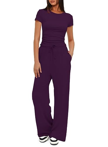 Darong Women's 2 Piece Set Outfits Lounge Sets Ruched Short Sleeve Tops High Waisted Wide Leg Pants Tracksuit Sets