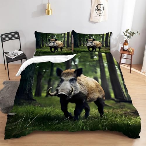 FamHarbor Wild Boar A3013 - Juego de funda de edredón tamaño Queen con 2 fundas de almohada, microfibra suave, diseño de animales en 3D, color marrón y verde