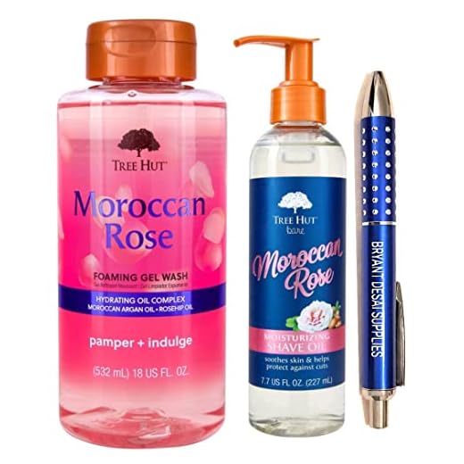 Tree Hut Moroccan Rose Moisturizing Shave Oil, 7.7 fl oz And Tree Hut Moroccan Rose Foaming Gel Body Wash,18 fl oz, Packaged with BRYANT DESAI SUPPLIES PEN