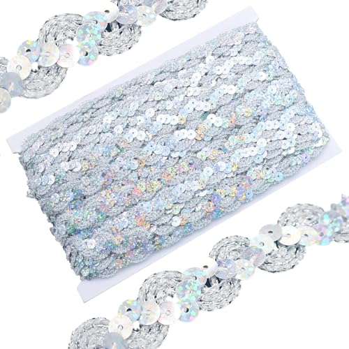 Fahibin 20 Meter 15mm Bunte Paillette Trim, Glitzer Pailletten Spitzenband,Pailletten Bänder Trim Bortenband für Selbernähen von Kleidern, Hosen, Tischtüchern, Kleidern