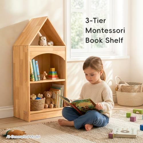 Image of OOOK Rubberwood Montessori Shelf, 3-Tier Toy Organizers and Storage, Wood Corner Cabinet for Kids Room, Playroom, Nursery, Classroom, Kindergarten